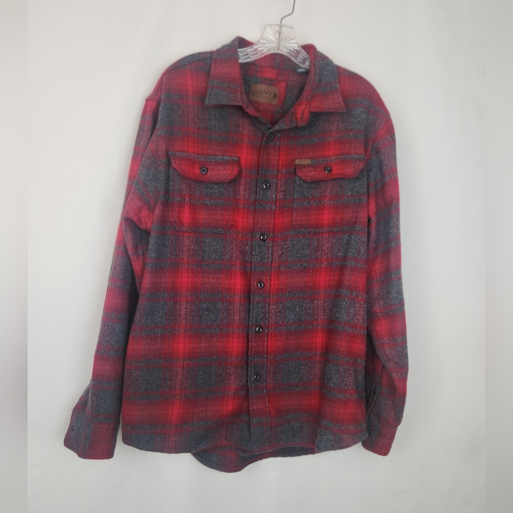 ORVIS Men's Heavyweight Flannel Shacket Gray Red Plaid Medium